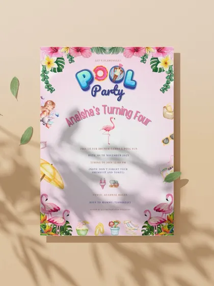 A bright and cheerful look at the flamingo-themed pool party invitation. The playful design and sunny colors are perfect for getting guests excited for a child's birthday celebration.