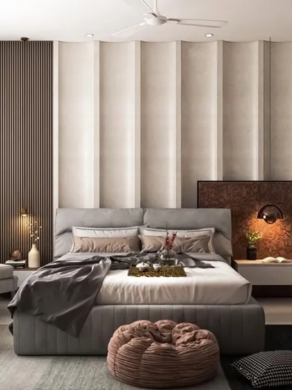 A serene bedroom render with a textured, wavy headboard wall, a cozy bean bag, and a warm, neutral color palette that promotes relaxation.