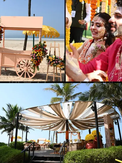 The beachside Haldi at ITC Goa featured charming details like a floral cart, creating a picturesque and relaxed atmosphere for the celebration.