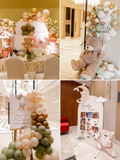 This collage showcases the different decor elements from the teddy-themed Mundan ceremony. It includes the welcome sign, a photo journey board, and adorable teddy bear centerpieces.