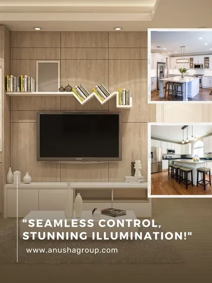 Seamless control and stunning illumination are the hallmarks of our work. This image shows how our systems integrate into a living room and kitchen, providing effortless control over the entire open-plan space.