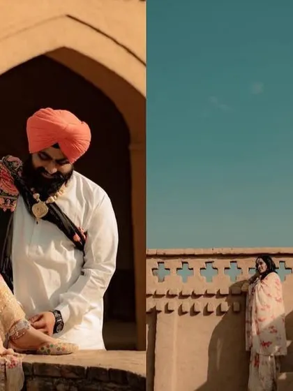 A diptych showing both a close, intimate moment and a wider architectural shot, capturing the feel of a traditional Punjabi haveli.