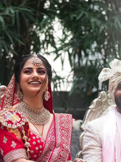 A candid, happy moment of the couple during their Sindhi wedding ceremony.