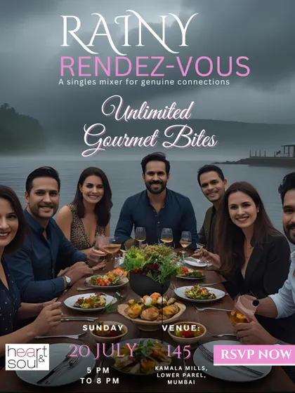 This poster emphasizes one of the key features of my mixers: unlimited gourmet bites. It's important to me that guests feel well taken care of while they mingle.