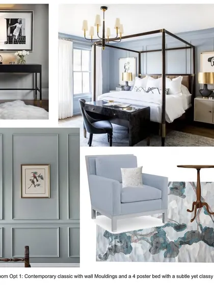We're currently working on these mood boards for an upcoming project. This is where we explore textures, colors, and furniture styles, like this contemporary classic look with wall mouldings and a four-poster bed.