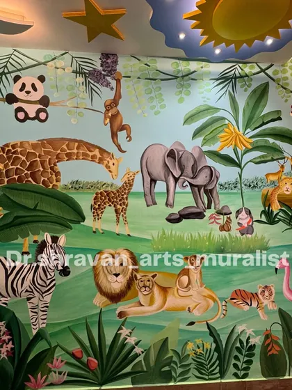 A full jungle-themed wall painting in a kids' room. The wall is filled with friendly animals like a lion, zebra, giraffe, and panda, creating an exciting and educational scene.