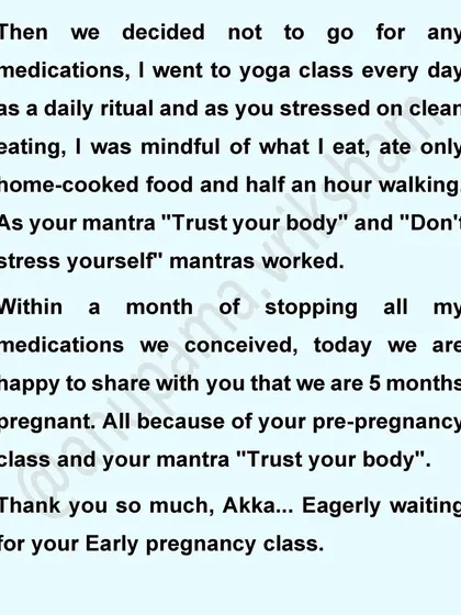After 3 failed follicular studies, this couple stopped all medications, focused on clean eating and yoga, and conceived within a month. My "Trust your body" mantra truly works.