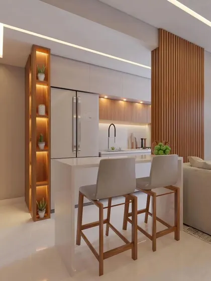 This design shows how a kitchen can be opened up to the living area with a peninsula that doubles as a breakfast bar.
