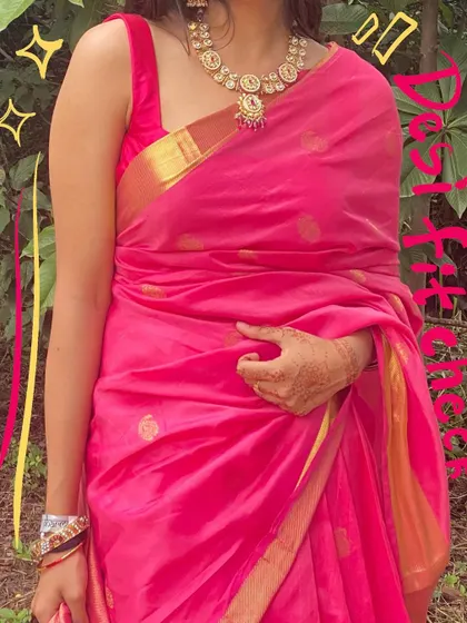 A close-up of another beautiful pink saree, with "Desi fit" doodled on to celebrate the look.