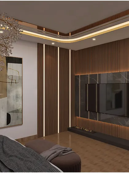 A render of a luxurious bedroom with a TV integrated into a wood and marble wall unit.