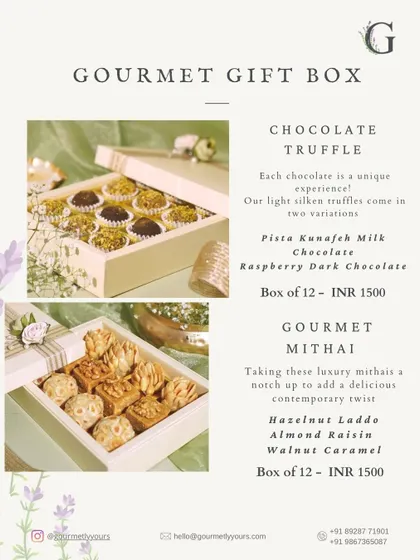 A breakdown of our Gourmet Gift Box contents for Diwali. This includes our Chocolate Truffles and Gourmet Mithai, with flavor variations and pricing.