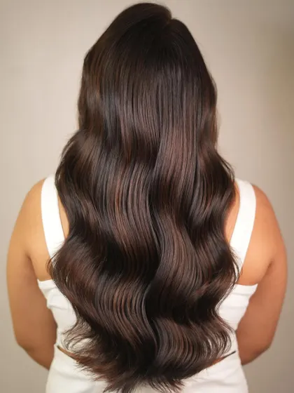 The back view showcases the deep, uniform color and healthy shine of our Velvet Espresso service, styled into soft, glamorous waves.