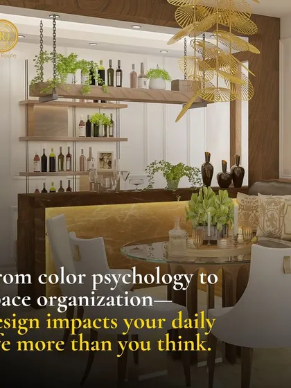 From color psychology to space organization, design impacts your daily life. This dining and bar area is a testament to that, with its organized shelving and mood-enhancing lighting.