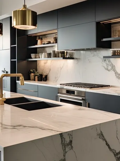 A luxurious kitchen design with dark matte cabinets, a waterfall marble island, and elegant gold hardware and lighting.