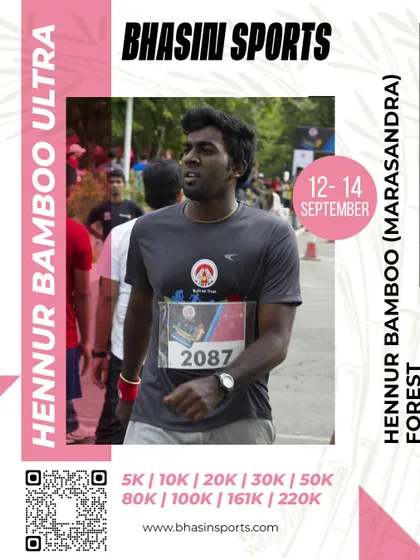 The focus and determination of an ultramarathon runner. This participant is deep into his race at the Hennur Bamboo Ultra, showcasing the grit it takes to complete the course.
