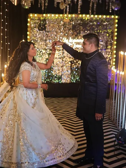 Another shot from the sangeet dance. The makeup is flawless and photo-ready, ensuring every moment is captured beautifully.