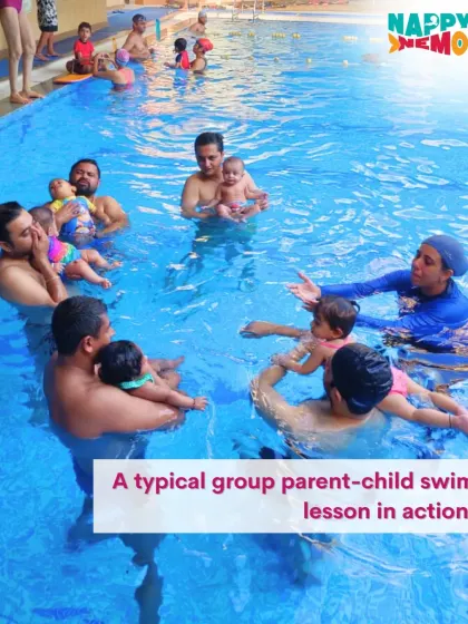 A typical group parent-child swim lesson in action, full of smiles and learning.