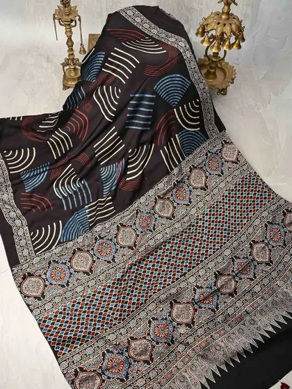 A modern take on block printing, this saree features abstract geometric patterns in a sophisticated color palette. The intricate border adds a touch of traditional craftsmanship.