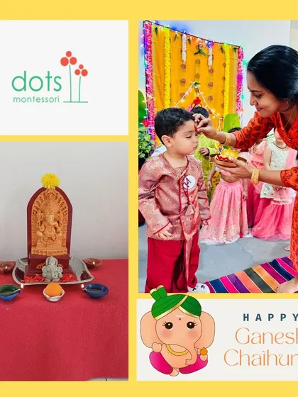A teacher applies a tilak to a child's forehead, a traditional gesture of blessing during our Ganesh Chaturthi celebration. These moments create a warm, inclusive atmosphere.