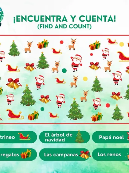 A festive "Find and Count" Christmas game in Spanish. Can you find all the sleighs (trineos) and reindeer (renos)?