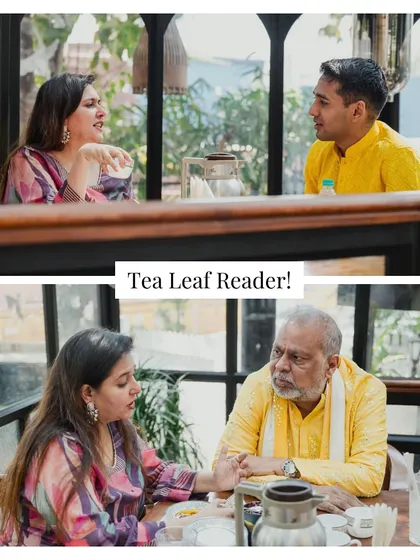 A Tea Leaf Reader providing intriguing fortunes for guests at a Haldi. We love adding mystical and unique experiences that become a talking point of the event.