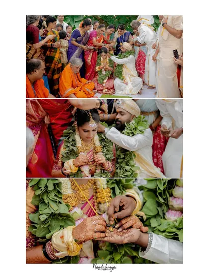 A collage of key wedding rituals, from blessings to the tying of the knot. This format helps to tell a more complete story of the ceremony in a single glance.