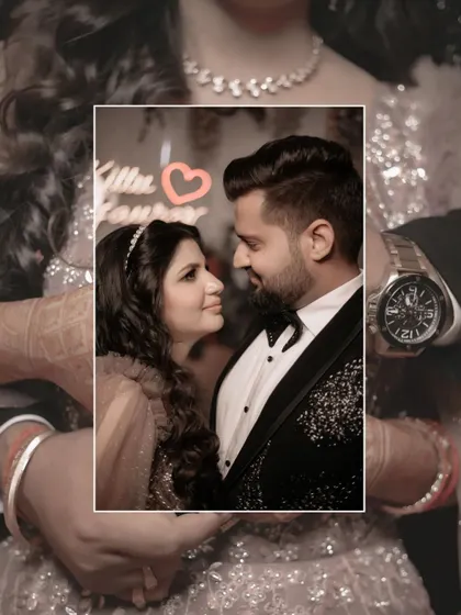 A creative and intimate close-up. The focus is on the couple's loving gaze, framed by their own embrace, with a small heart graphic adding a sweet touch.