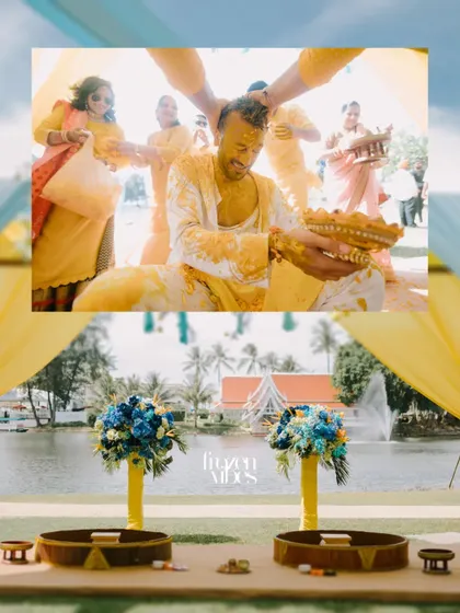 The groom during his Haldi ceremony at a destination wedding. The vibrant yellow against the blue and green of the location looks stunning.