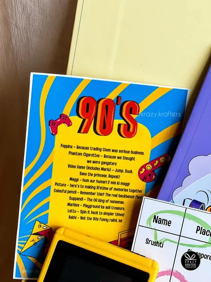 The custom-designed card for our 90s box, listing all the nostalgic items and why we loved them.