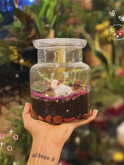 This jar terrarium features a cute little sheep figurine, creating a tiny pasture scene. It's these little details that make our terrariums so special.