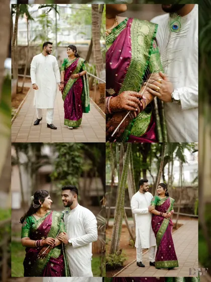 This collage captures the beautiful transition from classmates to soulmates, set against a backdrop of lush greenery. The couple's traditional Marathi attire adds a layer of grace and cultural pride to their pre-wedding photos.