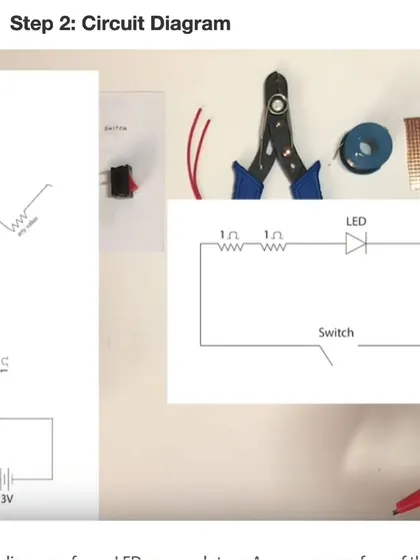 Step 2: understand the circuit diagram. This schematic shows how the LED, resistors, and switch connect to the battery to complete the circuit and light up your sculpture.