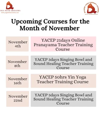A list of our specialized courses for November, including online Pranayama, Sound Healing, and Yin Yoga TTCs.