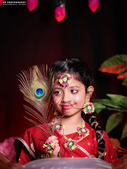 This portrait of a young girl dressed as Radha for Janmashtami is beautifully lit to highlight her festive attire and the delicate peacock feather prop.