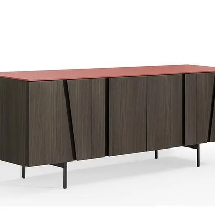 The same sideboard design, shown here with a contrasting terracotta-colored top, adding a pop of color to the dark oak veneer.