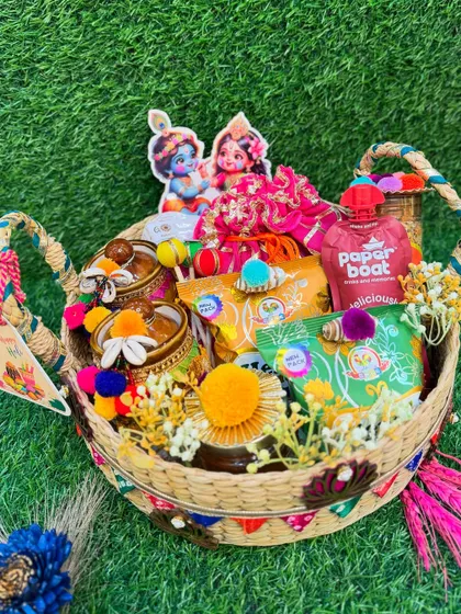 This image highlights the festive decorations on our Holi hamper, including colorful tassels and a "Happy Holi" tag.