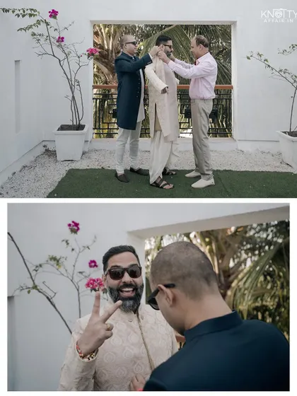 The groom getting ready with the help of his family and friends. We capture these important behind-the-scenes moments of support.