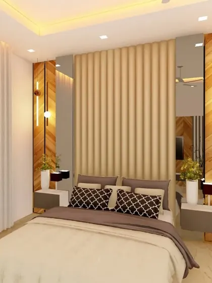 A 3D render of a master bedroom featuring a mixed-material headboard wall. The design combines a central upholstered panel with flanking wood and mirror sections, complemented by modern pendant lights.