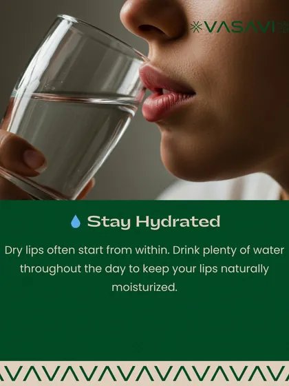 The first step to treating dry lips often starts from within. Drinking plenty of water throughout the day is crucial for keeping your lips, and your entire skin, naturally moisturized and healthy.