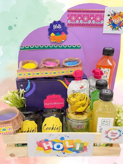 A 'Holi ki Mithas' hamper that combines the sweetness of the festival with its colors. It includes juices, cookies, and organic gulal.