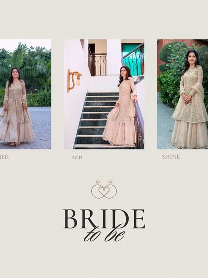 A "Bride to be" collage showing the future bride in various settings. This format tells a small story of her pre-wedding shoot, highlighting her excitement and beautiful outfit.