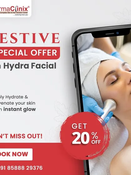 Don't miss our festive special offer of 20% off on HydraFacial. This treatment will deeply hydrate and rejuvenate your skin for an instant glow.
