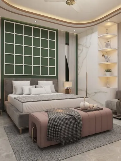 A beautiful bedroom render featuring a green grid-patterned accent wall, a pink ottoman, and elegant corner shelving with integrated lighting.