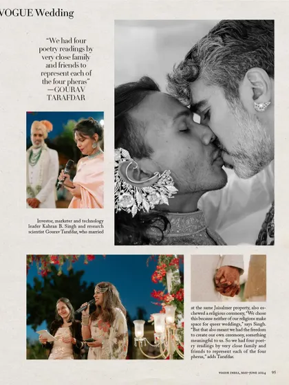 As featured in Vogue, their ceremony included four poetry readings from close friends to represent each of the four pheras. This black and white shot of their kiss captures the raw emotion and intimacy of their union.