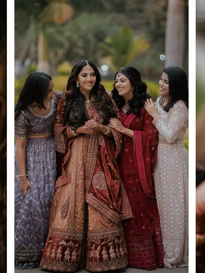 A happy moment between the bride and her bridesmaids at the reception.