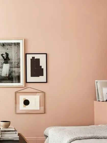 A soft peach wall colour provides a warm and gentle backdrop in this bedroom, creating a serene space that feels both modern and comfortable.