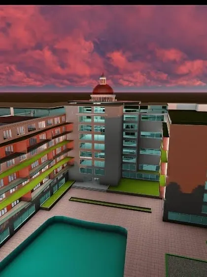 An aerial view of the hotel design, showcasing the U-shaped building that encloses a private pool and courtyard area. This layout maximizes views for guests and creates a central recreational hub.