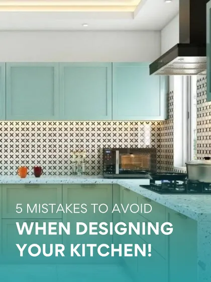 This image introduces a guide on 5 mistakes to avoid when designing your kitchen, featuring a beautiful mint-green kitchen with a patterned backsplash.