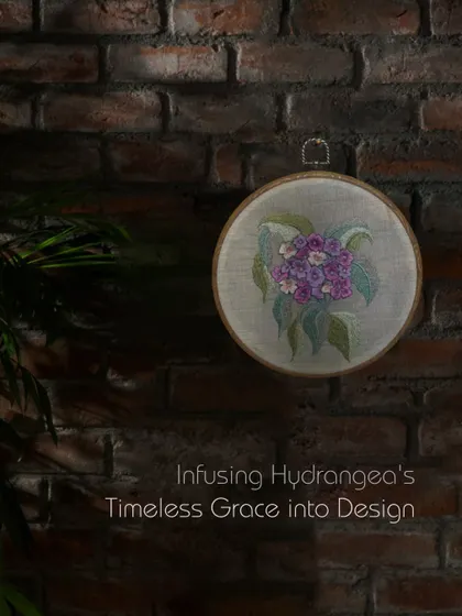 Infusing Hydrangea's timeless grace into design. This embroidery hoop showcases the inspiration before it becomes part of a larger creation.