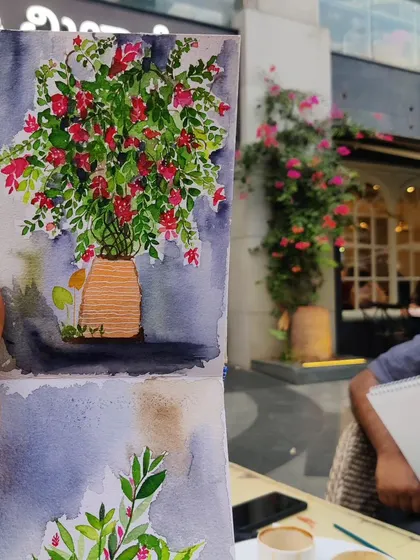 This painting was done live at a cafe, capturing the bougainvillea blooming just outside. It shows how you can practice urban sketching and find subjects anywhere.